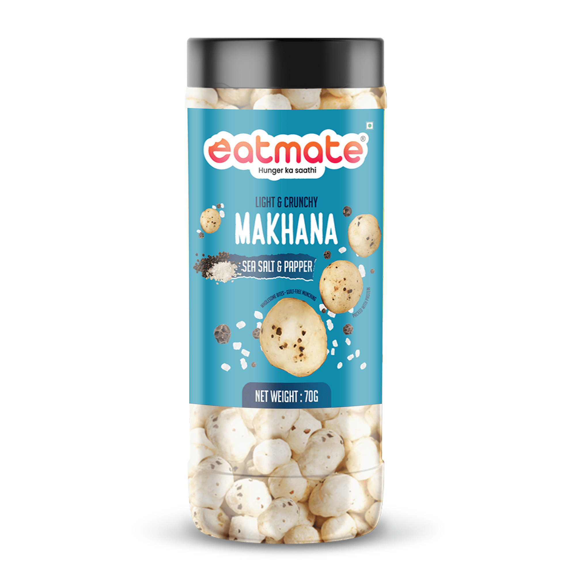 Eatmate Sea Salt and Papper Flavoured Phool Makhana | Light and Crunchy Fox Nuts Snack | Roasted Makhana for Healthy Snacking and Fasting | Lotus Puffs | No Added Preservatives (70g Each, Pack of 1)