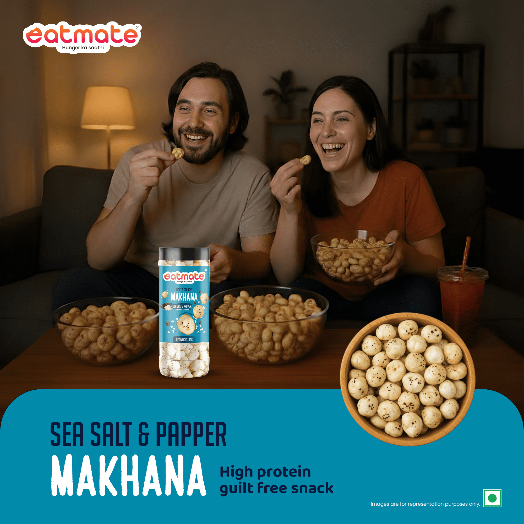 Eatmate Sea Salt and Papper Flavoured Phool Makhana | Light and Crunchy Fox Nuts Snack | Roasted Makhana for Healthy Snacking and Fasting | Lotus Puffs | No Added Preservatives (70g Each, Pack of 1) - Image 5