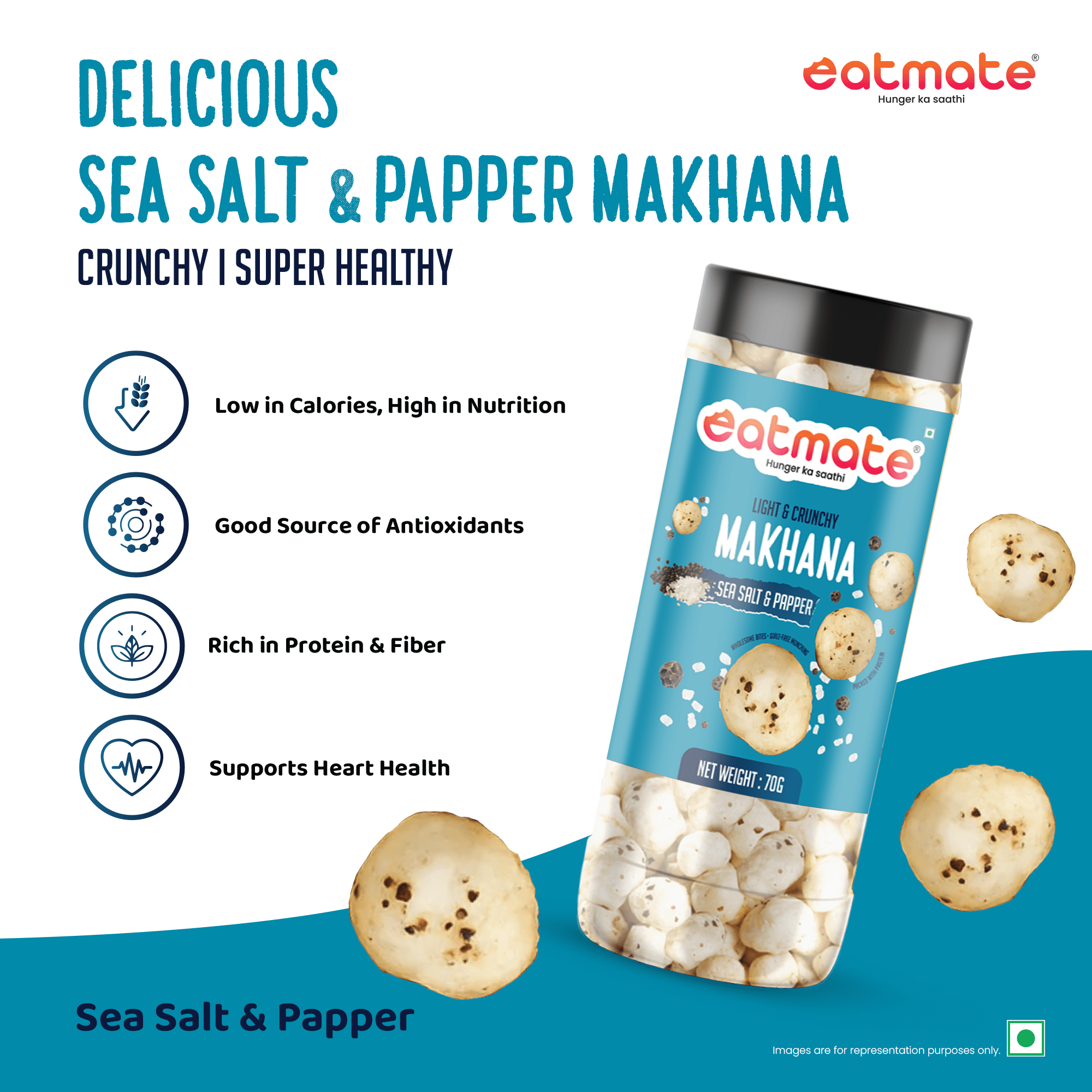 Eatmate Sea Salt and Papper Flavoured Phool Makhana | Light and Crunchy Fox Nuts Snack | Roasted Makhana for Healthy Snacking and Fasting | Lotus Puffs | No Added Preservatives (70g Each, Pack of 1) - Image 2