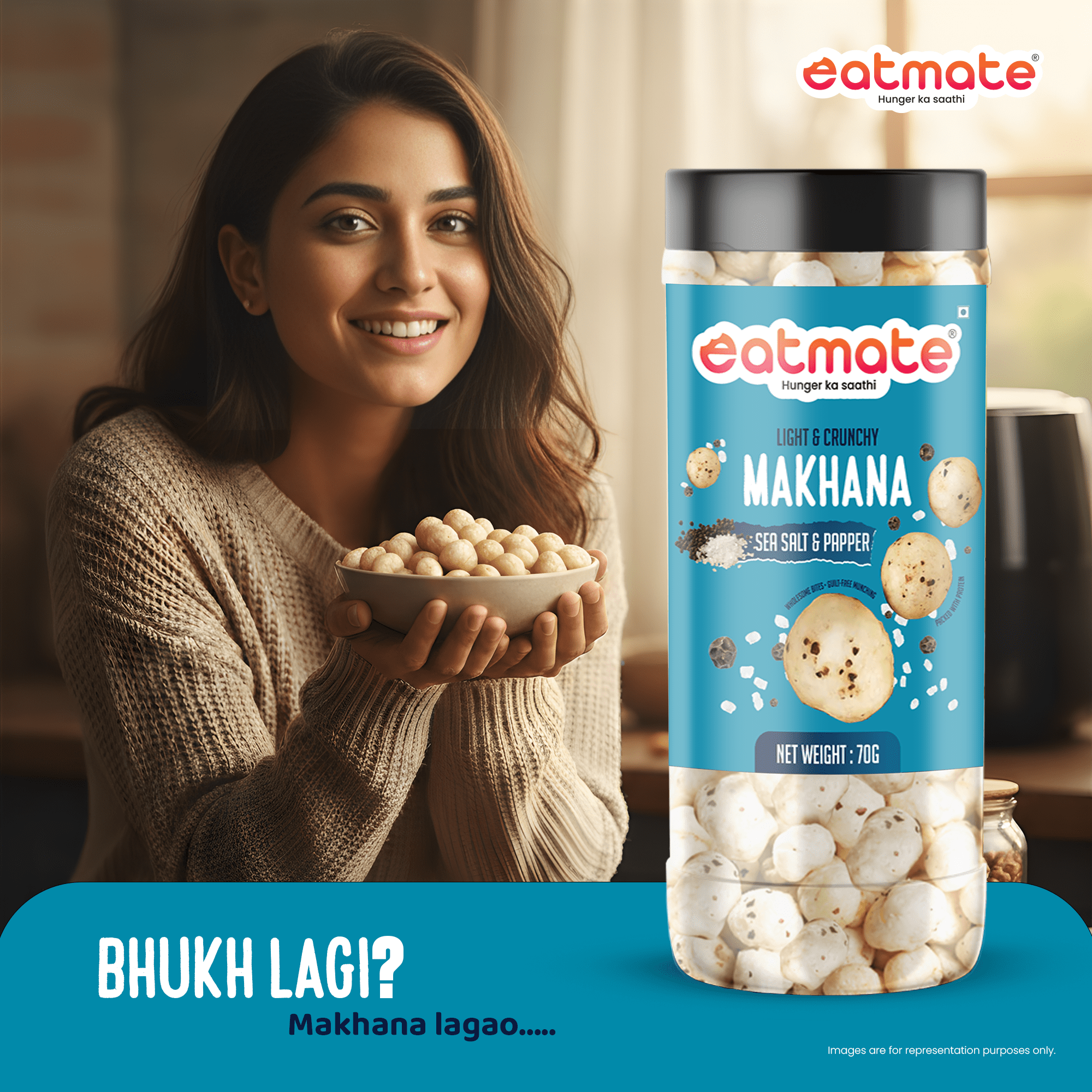 Eatmate Sea Salt and Papper Flavoured Phool Makhana | Light and Crunchy Fox Nuts Snack | Roasted Makhana for Healthy Snacking and Fasting | Lotus Puffs | No Added Preservatives (70g Each, Pack of 1) - Image 4