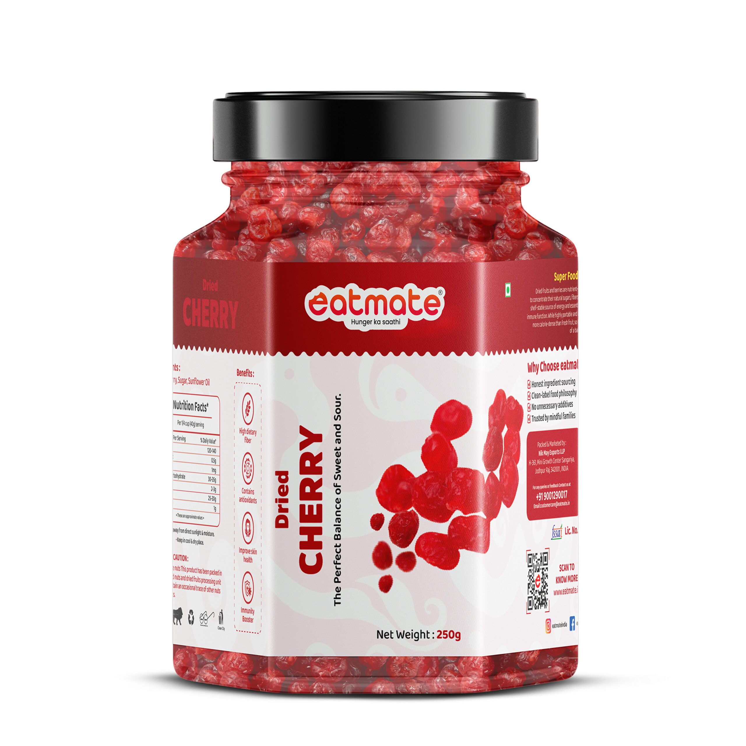 Eatmate Dehydrated Dried Cherries Snack | Sweet and Tangy Cherry Dry Fruit