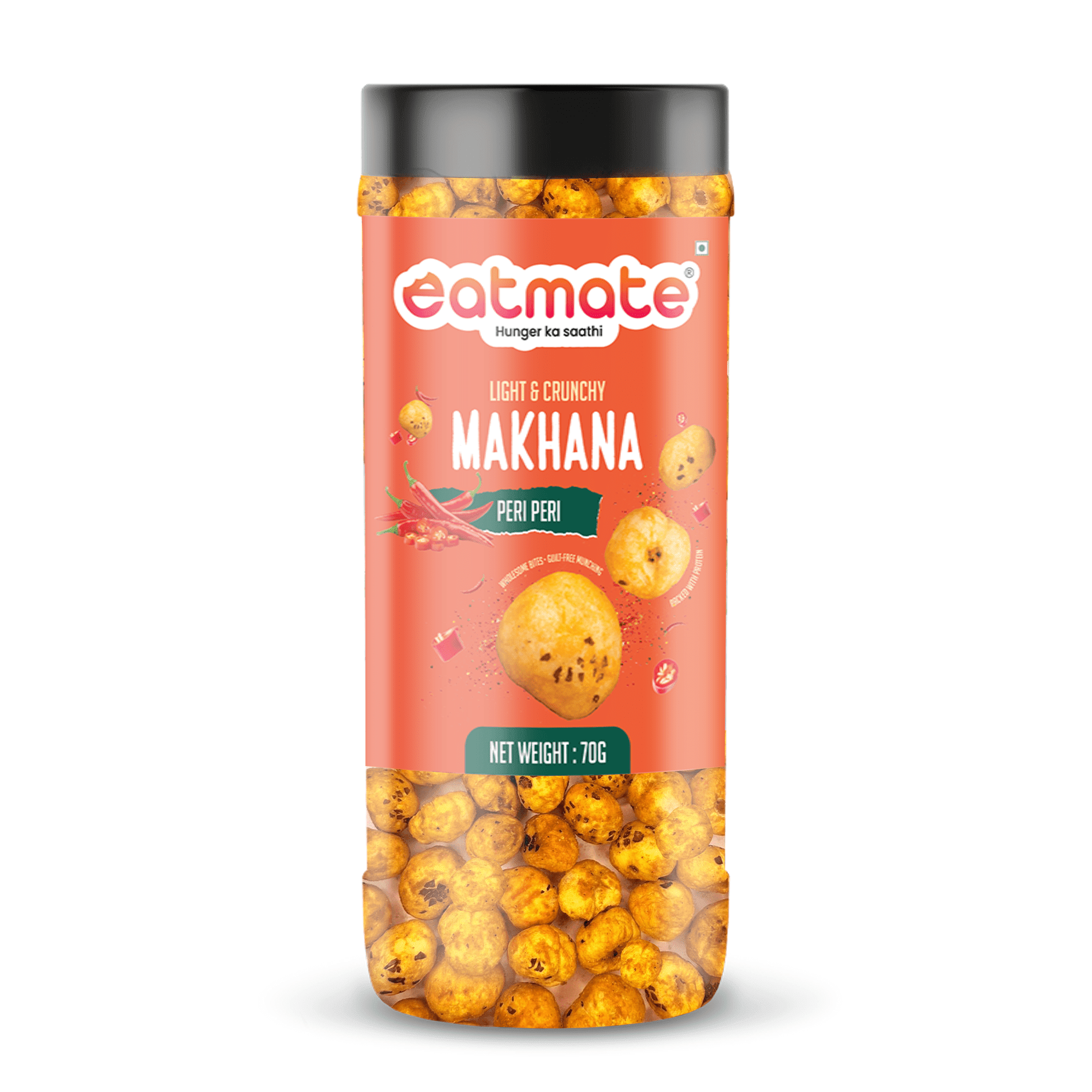 Eatmate Peri Peri Flavoured Phool Makhana | Light and Crunchy Fox Nuts Snack | Roasted Makhana for Healthy Snacking and Fasting | Lotus Puffs Gorgon Nuts No Added Preservatives (70g Each, Pack of 1)