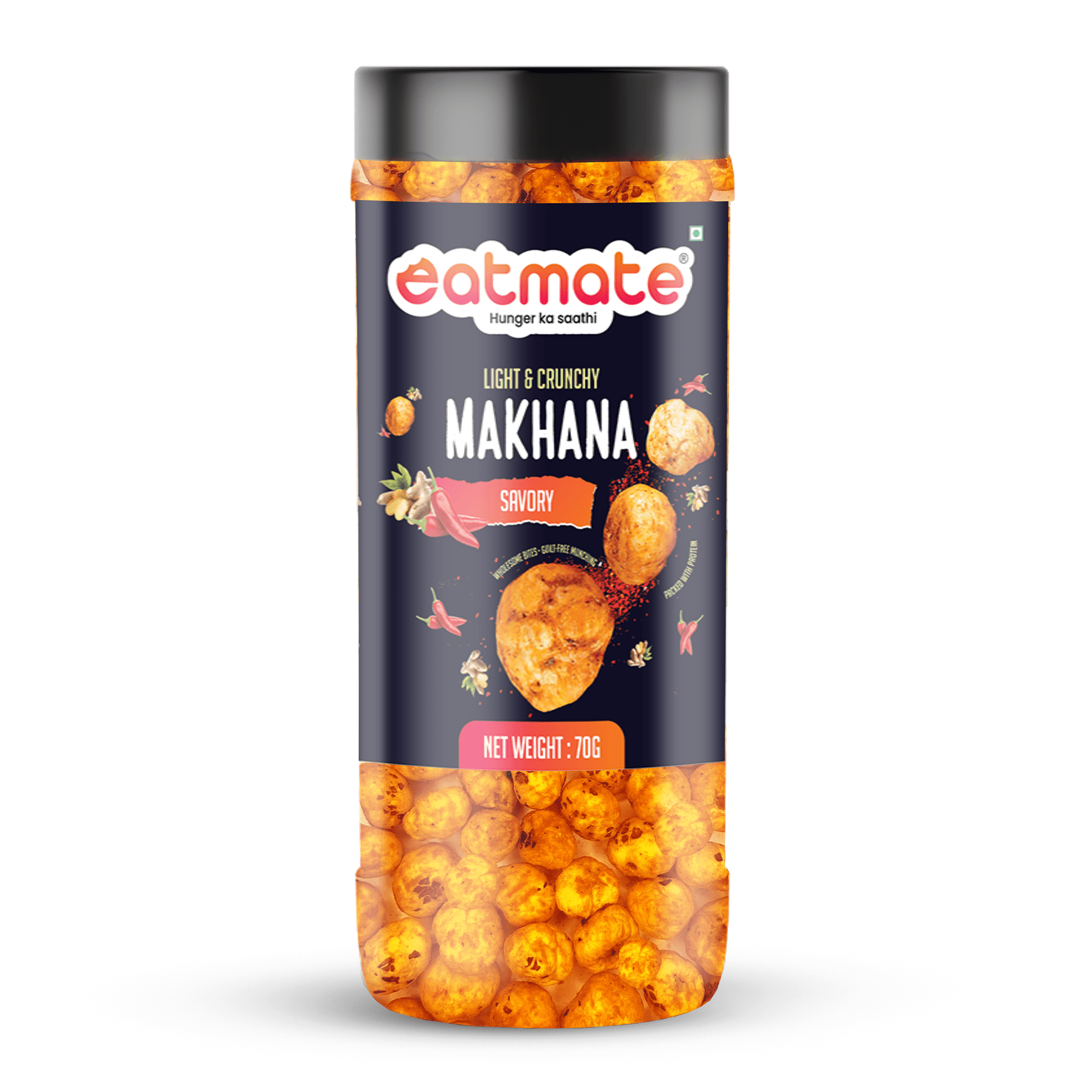 Eatmate Phool Makhana 70g | Roasted Fox Nuts | Savory Flavored | Light and Crunchy Lotus Puffs Snack | Rich In Protein & Fiber Snack for Daily Snacking and Fasting (70g, Pack of 1)