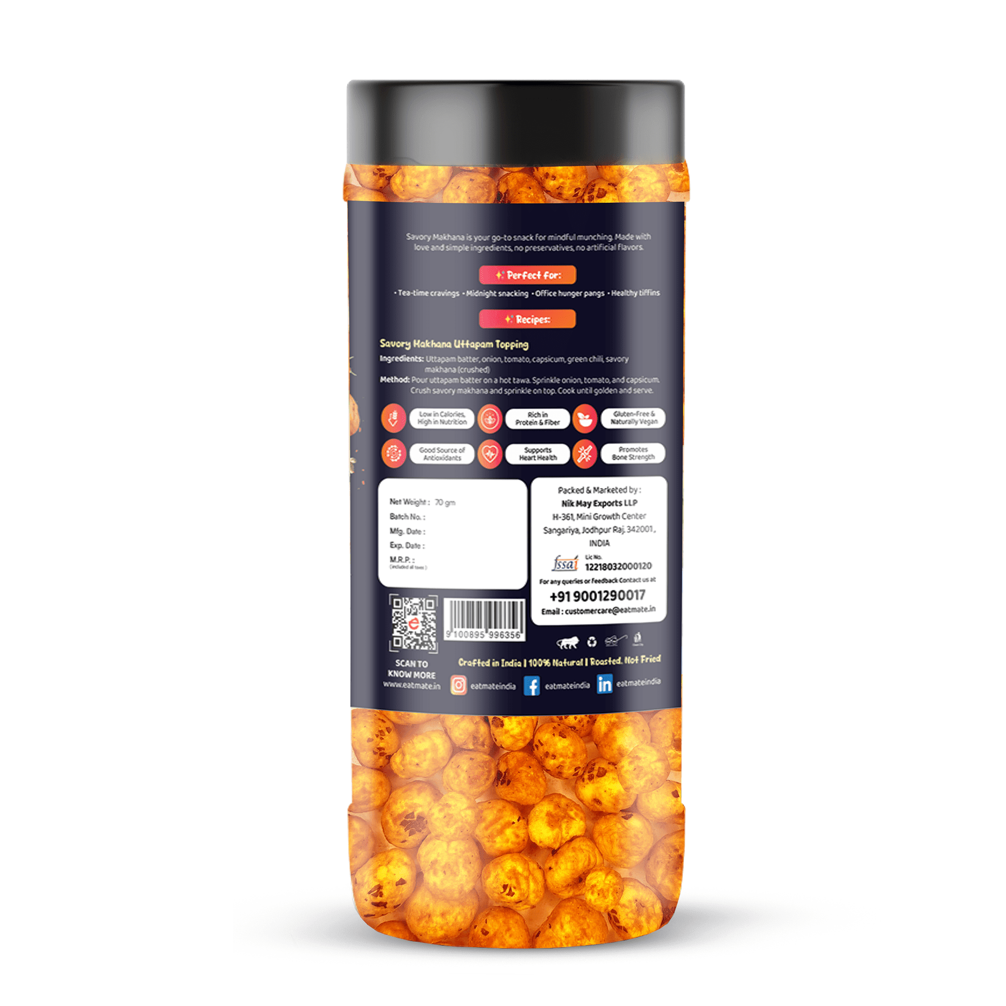 Eatmate Phool Makhana 70g | Roasted Fox Nuts | Savory Flavored | Light and Crunchy Lotus Puffs Snack | Rich In Protein & Fiber Snack for Daily Snacking and Fasting (70g, Pack of 1) - Image 3