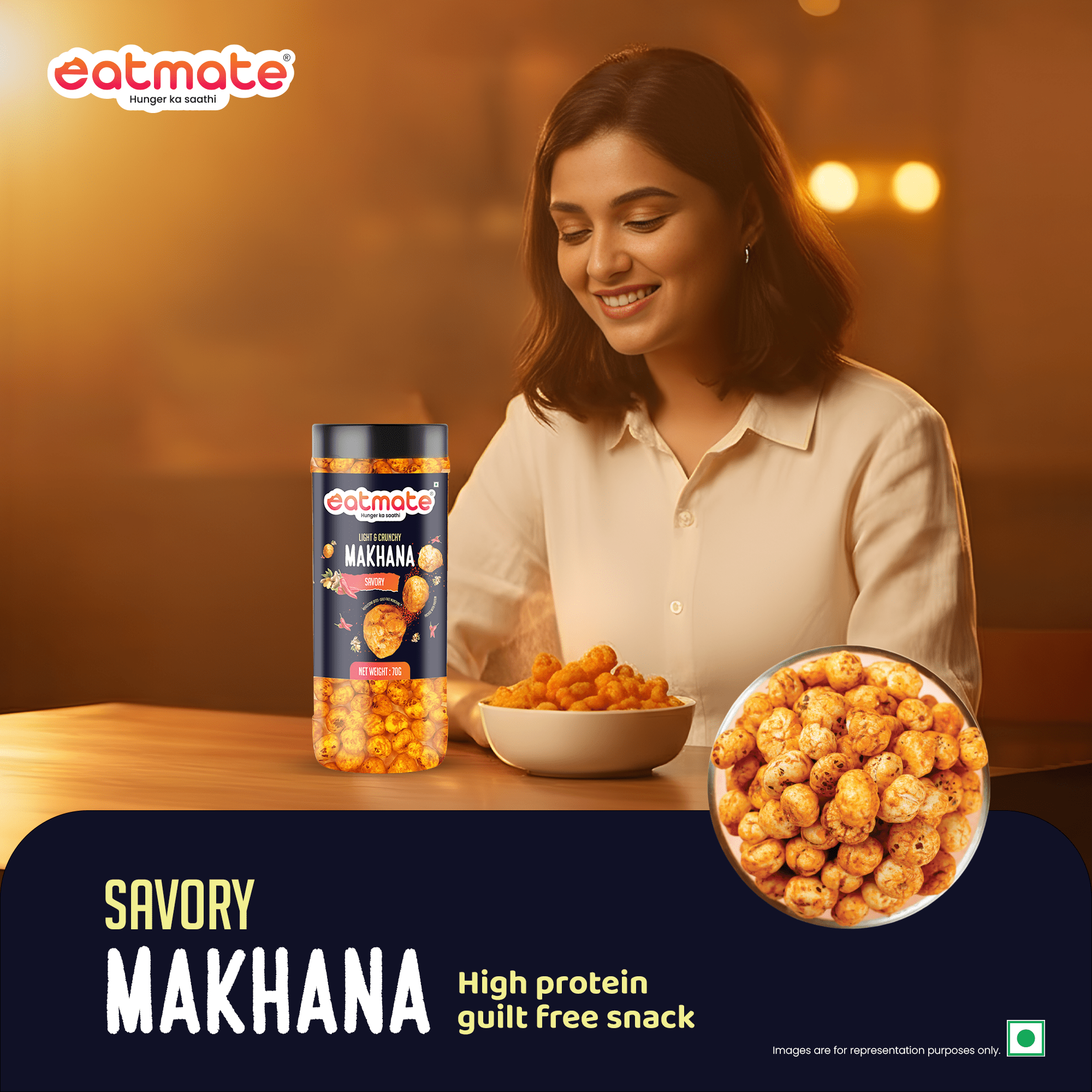Eatmate Phool Makhana 70g | Roasted Fox Nuts | Savory Flavored | Light and Crunchy Lotus Puffs Snack | Rich In Protein & Fiber Snack for Daily Snacking and Fasting (70g, Pack of 1) - Image 5