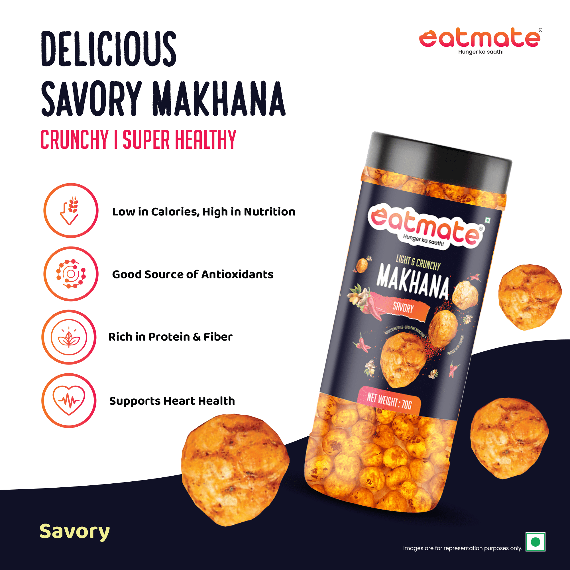 Eatmate Phool Makhana 70g | Roasted Fox Nuts | Savory Flavored | Light and Crunchy Lotus Puffs Snack | Rich In Protein & Fiber Snack for Daily Snacking and Fasting (70g, Pack of 1) - Image 2