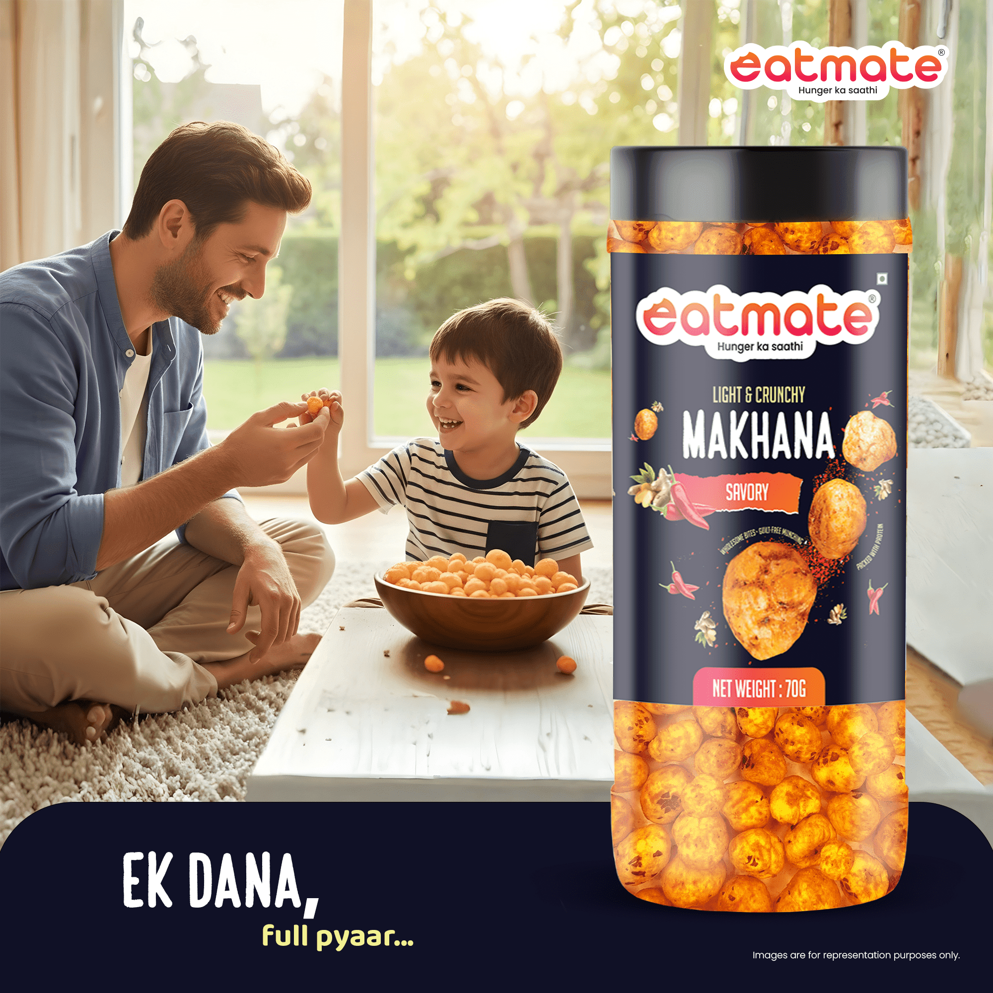 Eatmate Phool Makhana 70g | Roasted Fox Nuts | Savory Flavored | Light and Crunchy Lotus Puffs Snack | Rich In Protein & Fiber Snack for Daily Snacking and Fasting (70g, Pack of 1) - Image 4